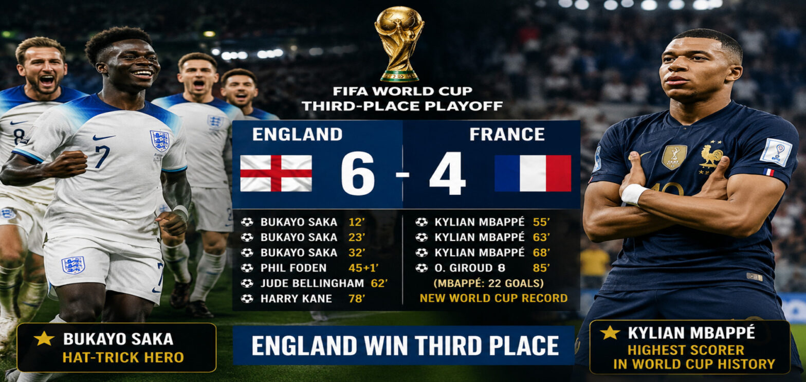 England beat France 6-4 in FIFA World Cup third-place playoff as Bukayo Saka celebrates his hat-trick.