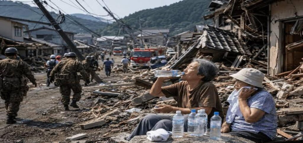 Japan quake survivors collect emergency water after the powerful earthquake in Kumamoto
