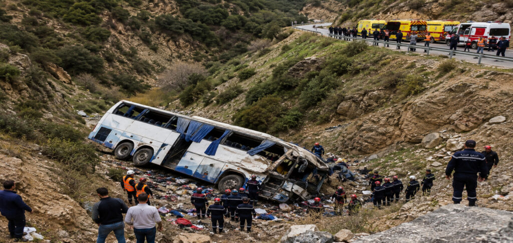 Rescue teams respond to the Algerian bus crash after a passenger bus plunged into a ravine near Algiers