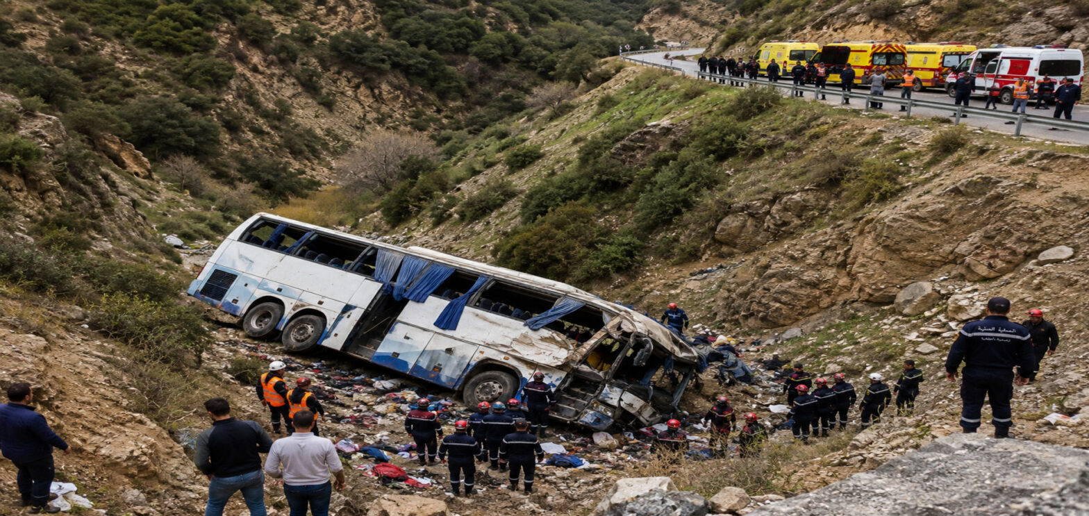 Rescue teams respond to the Algerian bus crash after a passenger bus plunged into a ravine near Algiers