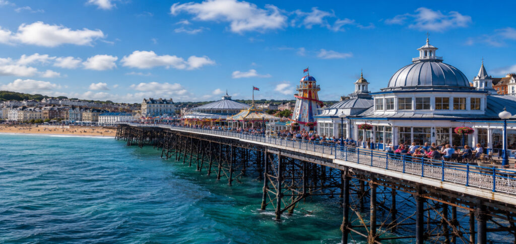 Historic British seaside pier with restaurants