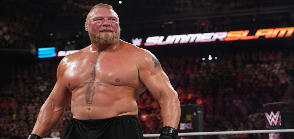 Brock Lesnar acknowledges WWE fans after announcing his retirement following his final match at SummerSlam 2026.