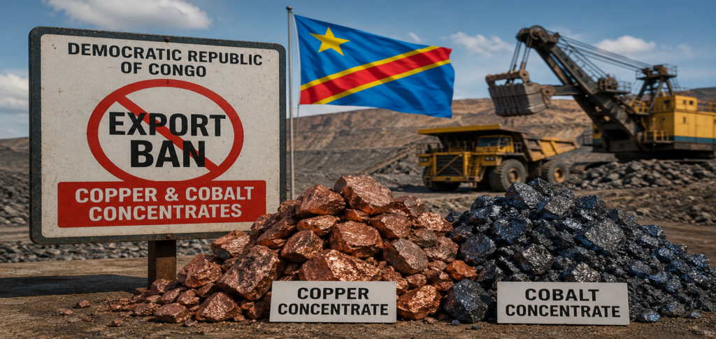 Copper and cobalt mining site in the Democratic Republic of Congo illustrating the government's ban on copper and cobalt concentrate exports to promote domestic mineral processing.