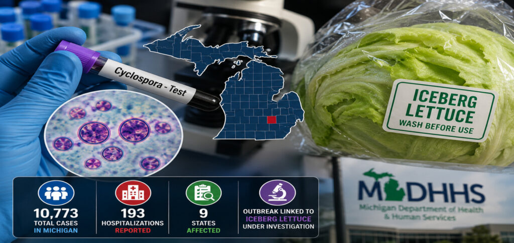 Lab worker holding Cyclospora test sample beside iceberg lettuce
