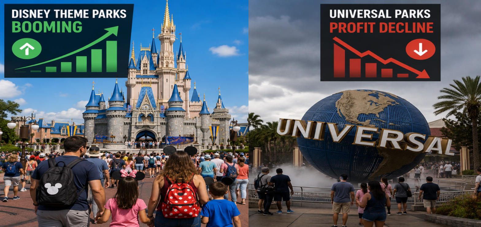 Visitors at Disney and Universal theme parks as Disney reports record attendance and revenue while Universal experiences a decline in theme park profits.