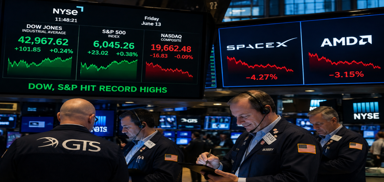 Traders work on the New York Stock Exchange floor as the Dow Jones and S&P 500 hit record highs while the Nasdaq declines amid losses in SpaceX and AMD after optimism over a Middle East deal.