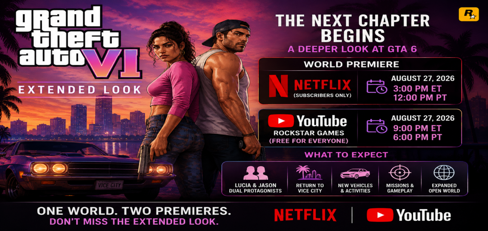 GTA 6 Extended Look promotional artwork featuring Lucia and Jason with a Vice City skyline ahead of the Netflix and YouTube premiere.