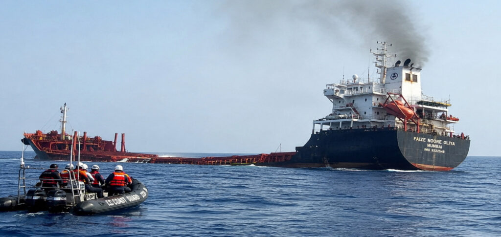 Coast guard rescue boat approaching a damaged Indian cargo ship after a Red Sea attack near Yemen as smoke rises from the vessel.