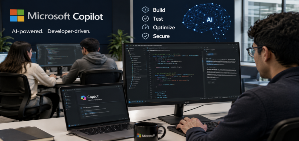 Software engineers using Microsoft Copilot AI in a modern office to improve coding