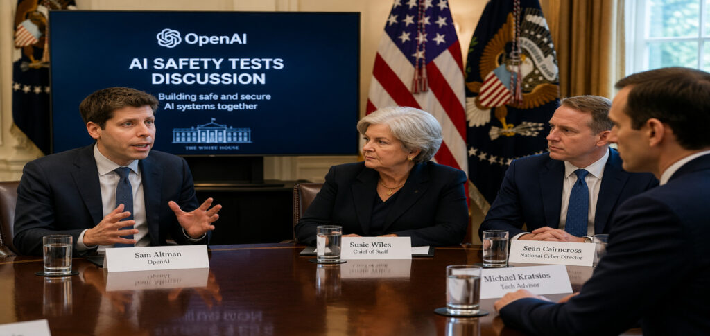 OpenAI CEO Sam Altman discussing AI safety tests with US government officials following an AI security incident