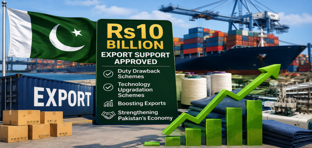 Pakistan approves Rs10bn export support to boost industry liquidity and exports.