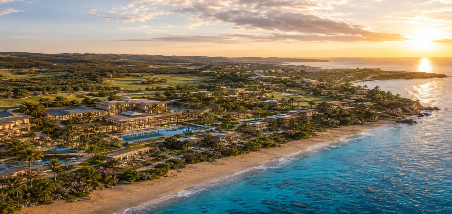 Aerial view of the planned Puerto Rico Cabo Rojo luxury project featuring coastal resorts