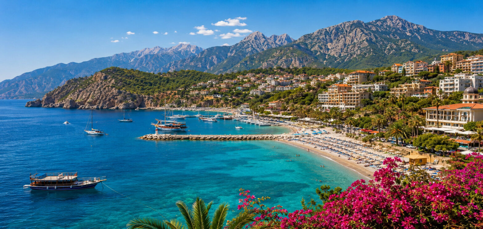 Turkish Riviera overlooking the Mediterranean coast with luxury resorts and turquoise sea